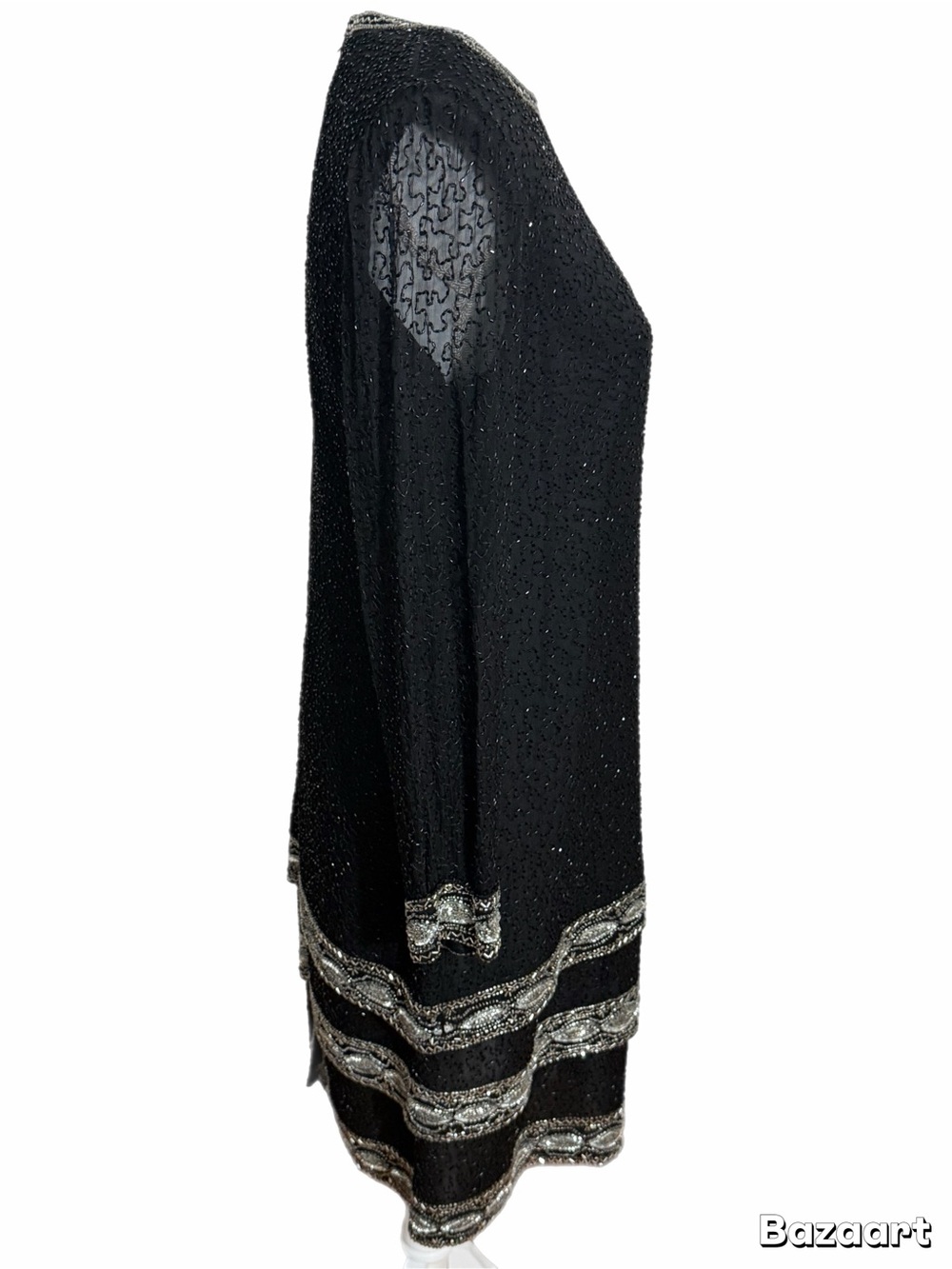 Brilliante by J.A. Women’s Large Black Beaded Sheer Sleeve Cocktail Dress Silk - Picture 3 of 6